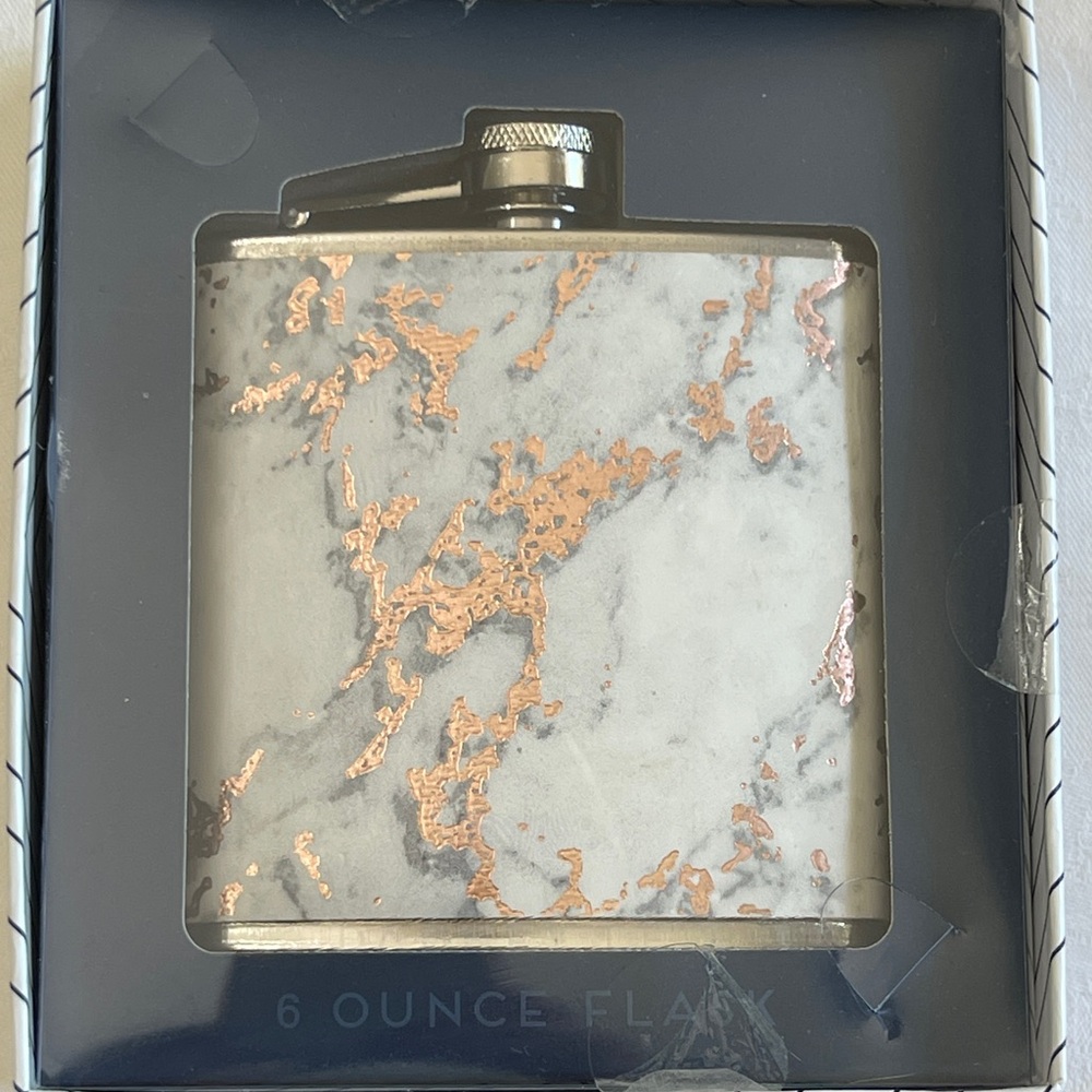 NIB Dabney Lee Flask 6 Oz Stainless Steel White W/Copper & Gray Marble Design - Picture 3 of 5